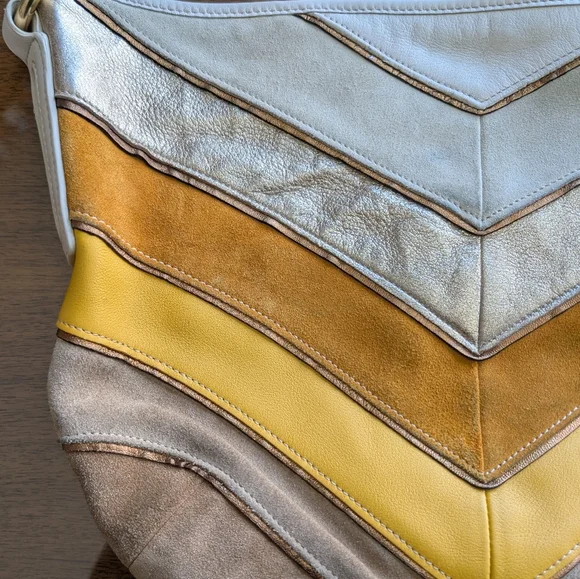 Coach Vintage Soho Limited Edition Chevron Leather Suede Hobo Bag Yellow White - Picture 10 of 14